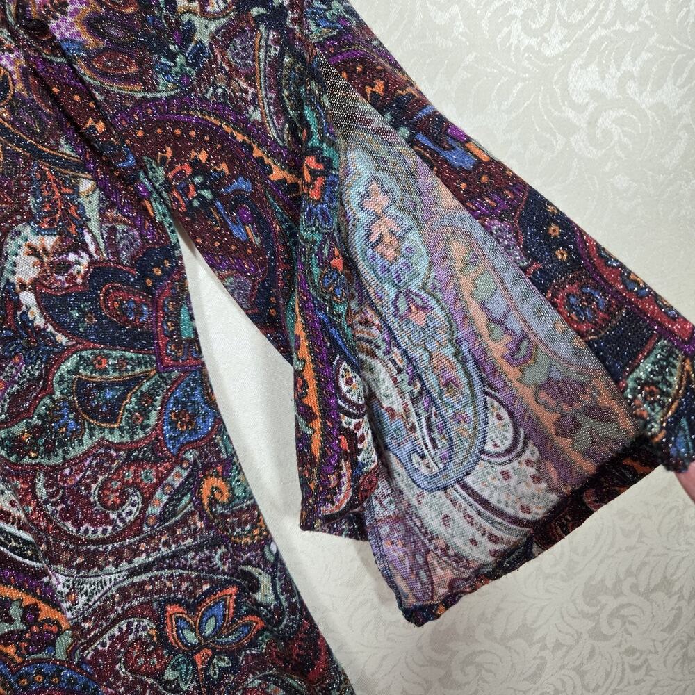Cocomo Top L Paisley Multicolor Metallic Shimmer Knit Flowy Bell Sleeve Boho - Picture 6 of 12